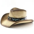 Detail of leather band with turquoise bull embroidery and bronze badge on straw cowboy hat - M (56-58cm) / Beige Coffee Spray