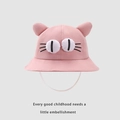Pink bucket hat for kids with cute cat ears and embroidered eyes detail shown flat - 48-50cm (2-4 Years) / Pink