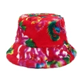 Plush faux rabbit fur bucket hat with vibrant red multi-color marble tie-dye pattern - M (56-58cm) / Red (Colorful Floral)