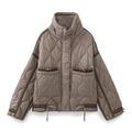 Women's quilted brown jacket with stand collar and adjustable drawstring waist detail - XS / Brown