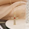 Gold cross necklace with white pearls, red gemstone, and sparkling crystals for women - Red (23672)