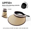 Brown UPF50+ foldable sun visor with large brim and straw texture for women - Headband Straw Visor / Khaki Coffee Trim