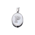 Macro detail of oval stainless steel pendant with letter P on white mother of pearl - Steel Letter P