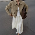 Women's khaki suede short jacket with buttons and collar shown in a stylish street view - S / Khaki
