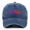 Vintage washed navy denim baseball cap with embroidered FedUp logo on white background - Navy Blue