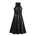 Schickes schwarzes Halfter-Maxikleid aus Kunstleder mit Revers, Gürtel und Goldknöpfen - XS / Schwarz