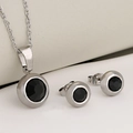 Silver stainless steel jewelry set with round black faceted stones and necklace - Silver + Black Zirconia