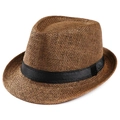 Detail of brown straw fedora hat featuring fine woven texture and black ribbon band - 58cm (Adjustable) / Dark Coffee