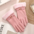 Pink faux suede winter gloves for women with fashion metal accent and plush fur cuffs - Short Fur Gold Label / Pink
