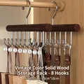 Vintage solid wood hanger with 8 metal hooks for ties and belts in wardrobe storage - 2 Pieces / Round 8 Hooks Retro