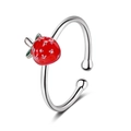 Silver adjustable open ring with a cute red strawberry and green leaf detail - Adjustable Open / Silver