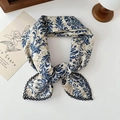 Blue and beige floral cotton linen scarf with elegant dark blue lace edge trim - Ethnic Blue
