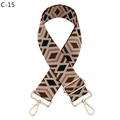 Detail of adjustable wide shoulder strap with brown geometric diamond pattern and gold hardware - C-15 Brown Khaki Diamond Gold Buckle