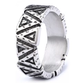 Macro view of retro silver steel ring featuring continuous triangular embossed patterns - Geometric Triangle Style (14204)