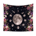 Detail of moon phase tapestry featuring floral borders and starry night sky on black fabric - Dark Night Floral Moon QY045-10