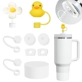 Yellow duck and white flower silicone straw covers with spill-proof set for water bottles - White Flower & Duck Set