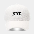Close-up of white fleece baseball cap with black NYC 3D letter embroidery texture - Adjustable / White
