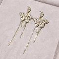 Elegant gold butterfly tassel earrings with white pearls and sparkling rhinestones - Gold Pearl Butterfly Long Tassel (486)