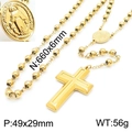 Golden stainless steel rosary necklace featuring cross pendant and ROMA medal detail - Wireframe Cross And Holy Medal Style (KN227558-Z)