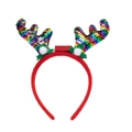 Detail of light-up Christmas reindeer headband with sequins, holly leaves and LED switch - Small Multicolor Reindeer Antler Headband