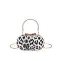 Vintage leopard print handbag with golden metal handle and decorative bow accent - White