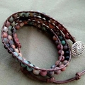 Multilayer bohemian stone bead bracelet with brown leather cord and heart button charm - Heart Buckle (CR6673) / Multilayer Multicolor