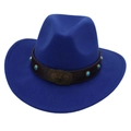 Close-up of blue felt cowboy hat with turquoise beads and bronze star buckle on leather band - Kids Size / Royal Blue (Bronze Star)