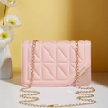 Pink quilted PU leather crossbody bag with triangular patterns and gold chain strap - Pink