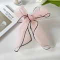 Pink organza bow hair tie with long ribbons and black contrast stitching finish - Light Pink