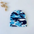 Detail view of baby knit beanie featuring a blue and navy camouflage pattern for winter - Light Blue Camouflage (5061509487929)