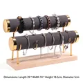 2-tier gold metal and wood jewelry stand with grey velvet rolls, 29x10x18.5cm size - Double Layer Gold Bangle Stand-Dark Grey Velvet
