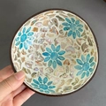 Handmade coconut bowl with blue floral shell inlay and natural texture finish - 5 Blue Flowers
