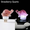 Strawberry Quartz turtle night light with USB connector showing light on and off effects - Strawberry Quartz