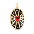 Golden oval pendant with a red heart gemstone and black enamel sunburst design - Black-Oval Heart Radial Pattern