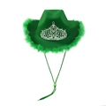 Dark green western cowboy hat with silver tiara and vibrant green feather trim on white background - Adult 58CM / Green Feather