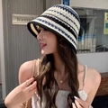 Women's knitted bucket hat featuring navy blue and white stripes in a casual street style - Colored Bucket Hat White