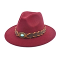 Close-up of wine red fedora hat with brown leather band and turquoise stone buckle - M (56-58cm) / Burgundy