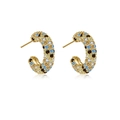 Gold C-shaped stud earrings with colorful pavé stones in blue and yellow crystal - Ear Hooks [ME443]