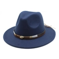 Classic dark blue wool fedora hat with wide brim and ethnic style shell belt decoration - Navy Blue