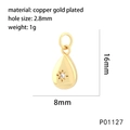 Macro shot of 18K gold plated teardrop charm with zircon inlay and product measurements - Water Drop (P01127)
