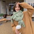 Pale bean green thick winter scarf with delicate fringes worn in a cozy outdoor setting - 300g Wool Blend Style / Mint Green