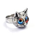 Retro silver owl head ring with vibrant blue and orange eyes in a creative animal design - Steel Color Multicolor Gemstone