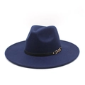 Navy blue wool fedora hat with wide brim, black leather band and gold chain accent - M (56-58cm) / Navy Blue