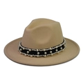 Close-up of beige wool fedora hat with elegant triple-row pearl and belt decoration - Light Camel Fedora with Pearl Chain
