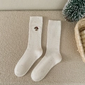 Cream speckled yarn Christmas socks with cute dog embroidery and ribbed texture - White