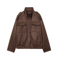 Women's dark brown faux suede bomber jacket with utility pockets and elastic waist - S / Coffee