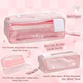 Pink large capacity pencil case with 3 pockets and transparent PVC window for 80 pens - Pink/Transparent Window