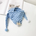 Blue and white checkered kids scarf with fox plush and blue pom-poms on a white fabric - Blue White Checkered
