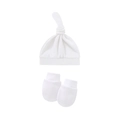 White knotted baby beanie hat and anti-scratch mittens set in soft premium cotton fabric - White Hat and Mittens