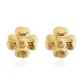 Detailed macro view of 18K gold ginkgo leaf stud earrings with fine textured metal finish - Four-Petal Flower Design (ER24Y0301)